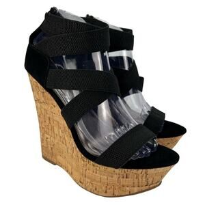 Rouge 8.5 Black Strappy Sling-back Stretch Cork Platform Wedge Women’s Shoes